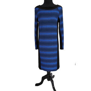 Scapa Lauren Perre Woman's NEW Blue Texture Strip Size M Shift Dress Long Sleeve